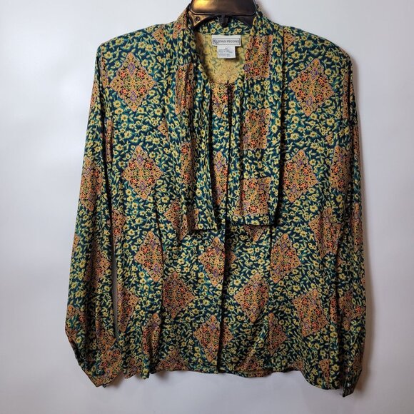 Vintage Evan Picone Floral Print Button-Up Blouse With Tie Neck & Long Sleeves - Picture 2 of 14